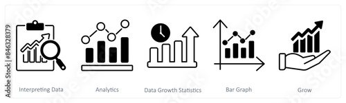 A set of 5 Mix icons as interpreting data, analytics, data growth statistics
