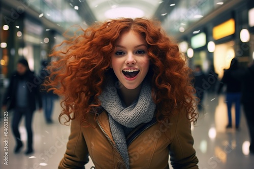 A woman with red hair is smiling and wearing a scarf