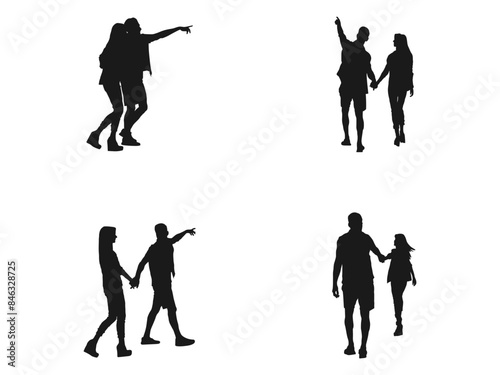 Side View of the Couple Walking and Pointing Upwards silhouettes vector. A man and a woman walk side by side. Modern fashion couple walking side view. Stylish man and young woman in casual outfit.