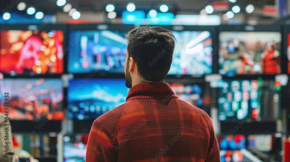Back view of Happy male Customer looking at different LCD tv in electronic retail store Back view of Happy male Customer looking at different LCD tv in electronic retail store