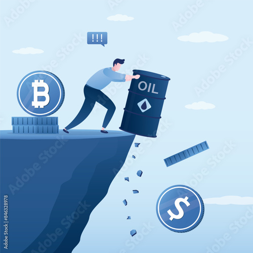 Smart businessman pushes dollar coins and oil barrel off cliff into abyss. Bitcoin as a new defensive asset, cryptocurrency for speculation and trading. Blockchain technology