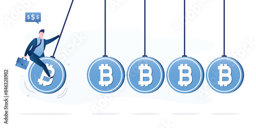 Ambitious businessman sits on a bitcoin symbol and starts a pendulum. Starting to invest in cryptocurrency, novice trader in blockchain technology.