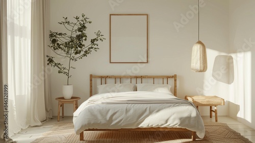 A Scandinavian-style bedroom with a simple bed, natural wood accents, and a blank wall for personal art.