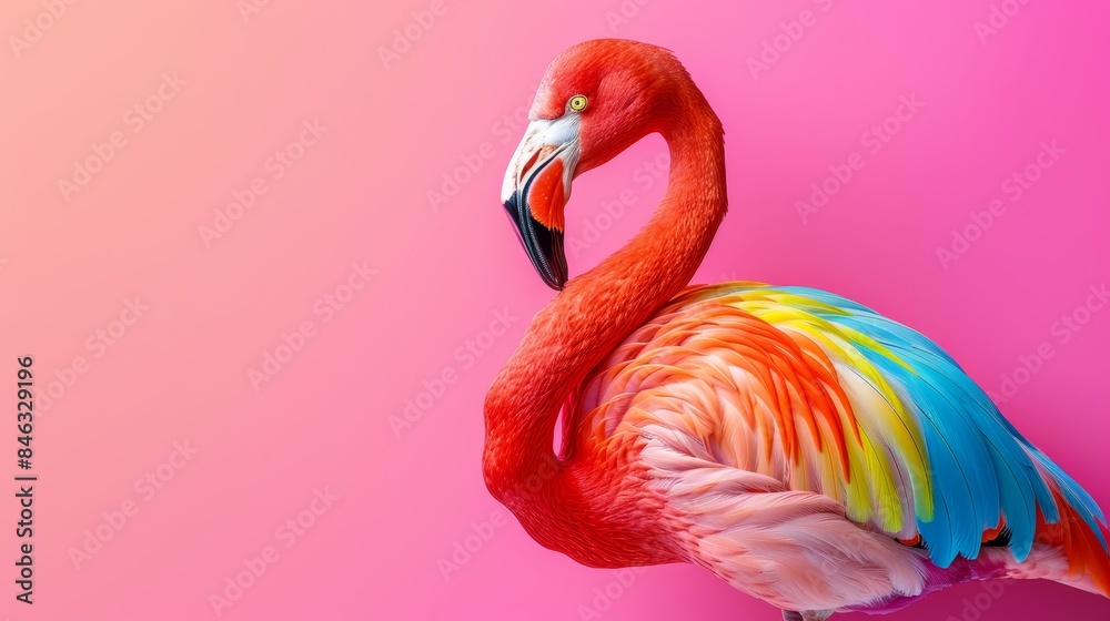 Obraz premium Pink, Blue, Red, Yellow, Green..Description: A tight framed image of a flamingo