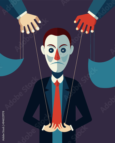 The puppeteers fingers delicately controlling every movement of the marionette their face an expressionless mask of control.. Vector illustration
