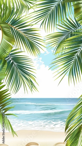 Serene tropical beach scene with palm leaves against white background. Relaxing summer vacation  retirement lifestyle  positive attitude  travel and tourism concept.