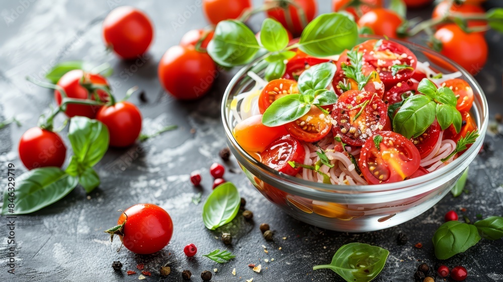 A tight shot of a bowl filled with tomatoes and basil on a table, surrounded by additional tomatoes and basil A tight shot of a bowl filled with tomatoes and basil on a table, surrounded by additional tomatoes and basil