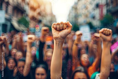 Crowd of people protesting in a city street, with anonymous activists raising their fists, representing activism for equal human rights, democracy, or against gun violence, capturing the energy and un