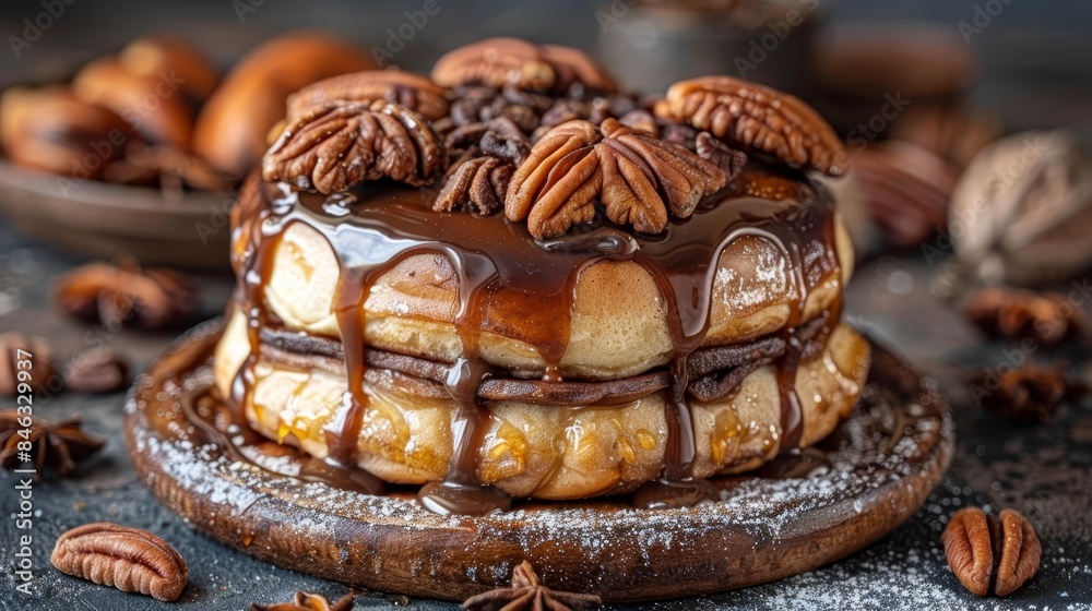 A cake topped with pecans and drizzled chocolate, encircled by additional pecans A cake topped with pecans and drizzled chocolate, encircled by additional pecans