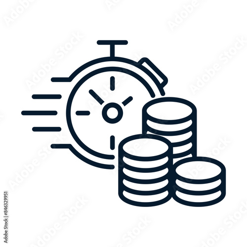 Hours, coins. Concept fast transaction, time and money. Vector linear icon isolated on white background.