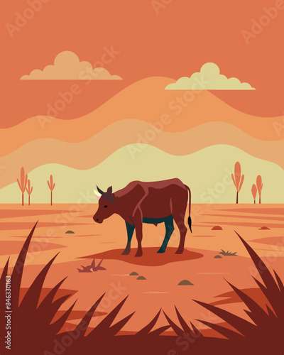 In a dusty field a lone cow grazes on withered grass. The rest of the field is empty cleared out due to overgrazing and unsustainable farming practices.. Vector illustration