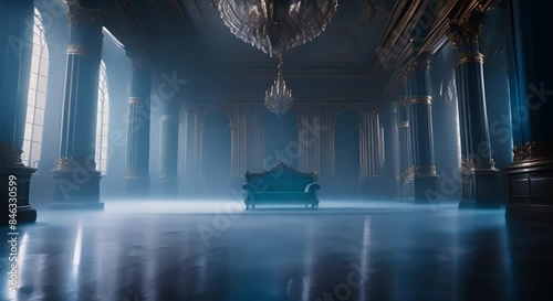 A majestic empty throne hall with a black throne.
