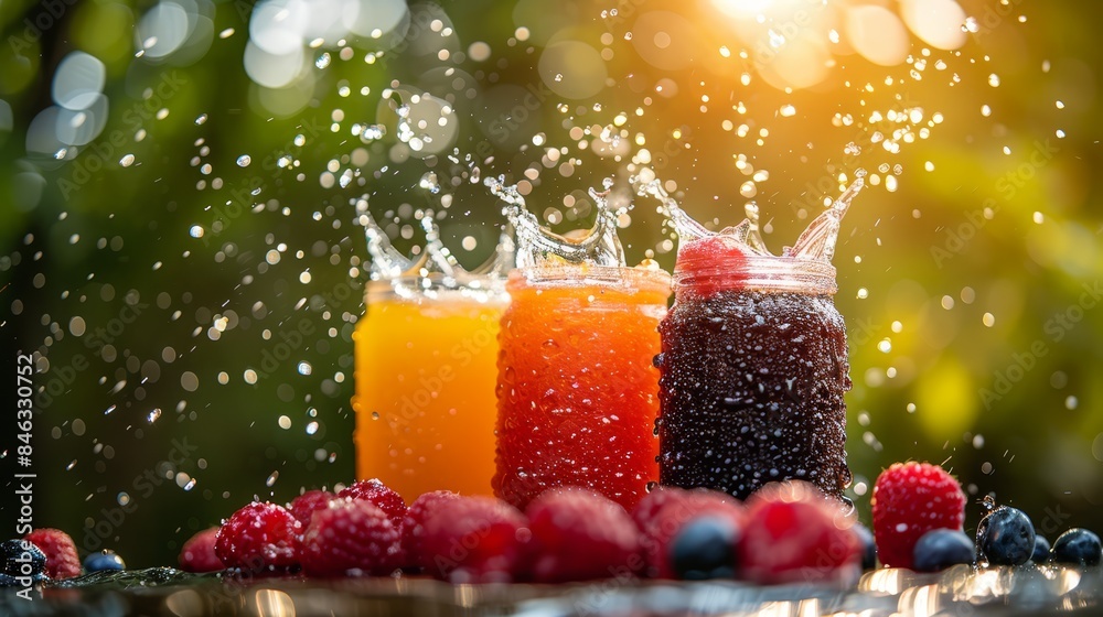  A few jars, brimming with liquid, stand on a table beside an abundance of ripe berries and raspberries