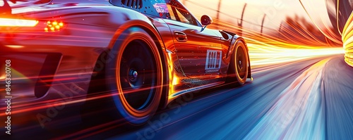 Motor sports competitive team racing, fast moving generic race car racing down the track with motion blur, 3d rendering, vibrant colors and sharp details, showcasing the excitement of the race,