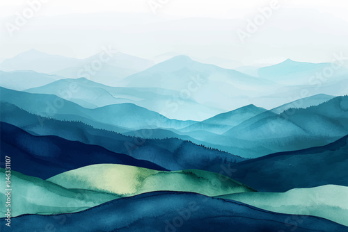 Gradient blue mountain background. Minimal landscape art with watercolor brush line art grunge oil painting texture. Abstract art wallpaper for prints, Art Decoration, wall arts and canvas prints.