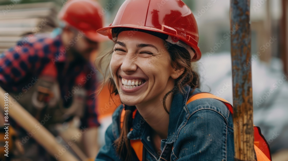 A joyful female construction worker taking a break, leaning on a shovel and sharing a laugh with coworkers in the background. A joyful female construction worker taking a break, leaning on a shovel and sharing a laugh with coworkers in the background.