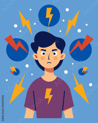 The person is surrounded by lightning bolts of stress each one representing a different aspect of their overwhelming responsibilities.. Vector illustration