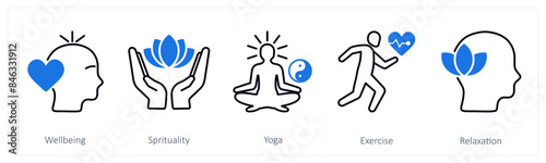 A set of 5 Mix icons as well being, spirituality, yoga