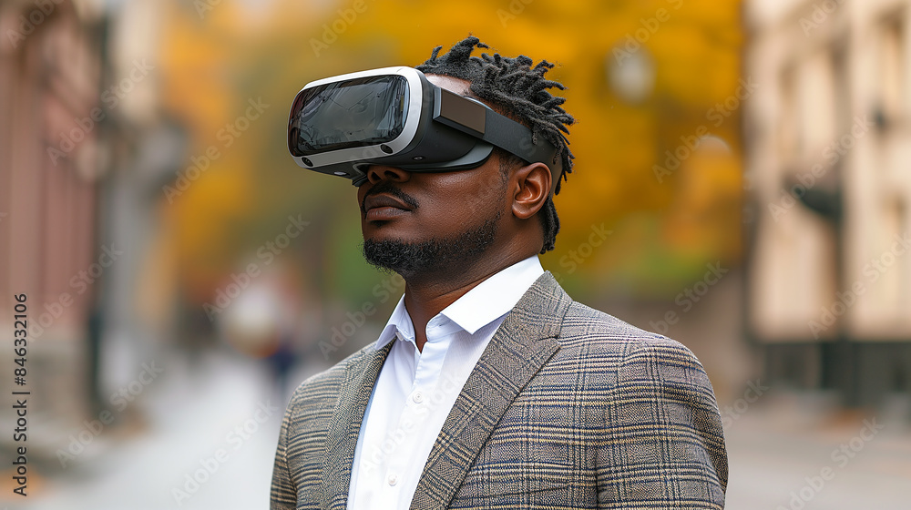 Businessman Experiencing Virtual Reality on City Street Businessman Experiencing Virtual Reality on City Street