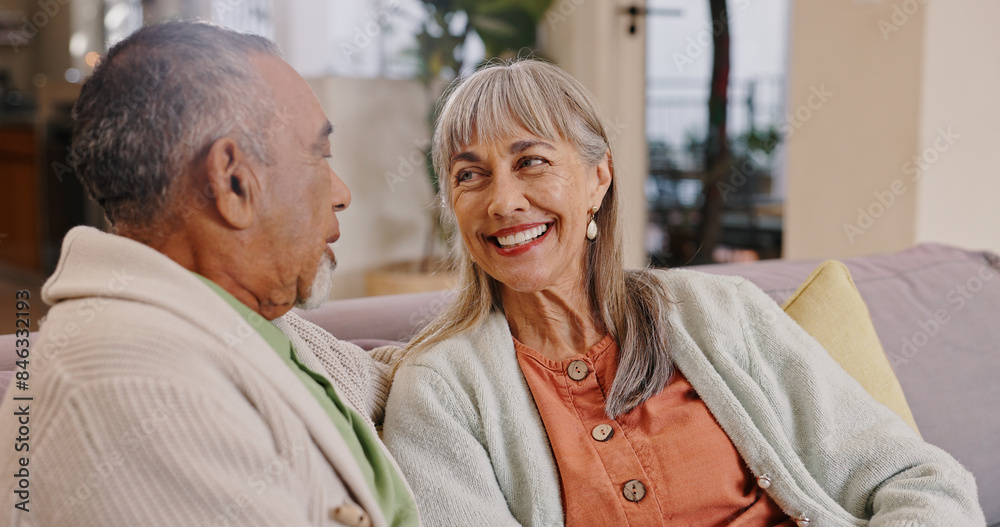 Elderly couple, talking and smile in lounge, couch and relax in retirement, weekend and romance in house. Love, old man and woman in living room, chat and bonding in apartment, people and marriage Elderly couple, talking and smile in lounge, couch and relax in retirement, weekend and romance in house. Love, old man and woman in living room, chat and bonding in apartment, people and marriage