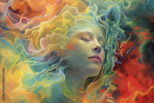 Surreal portrait of a woman with closed eyes, enveloped in colorful, flowing abstract shapes, representing tranquility and creativity.