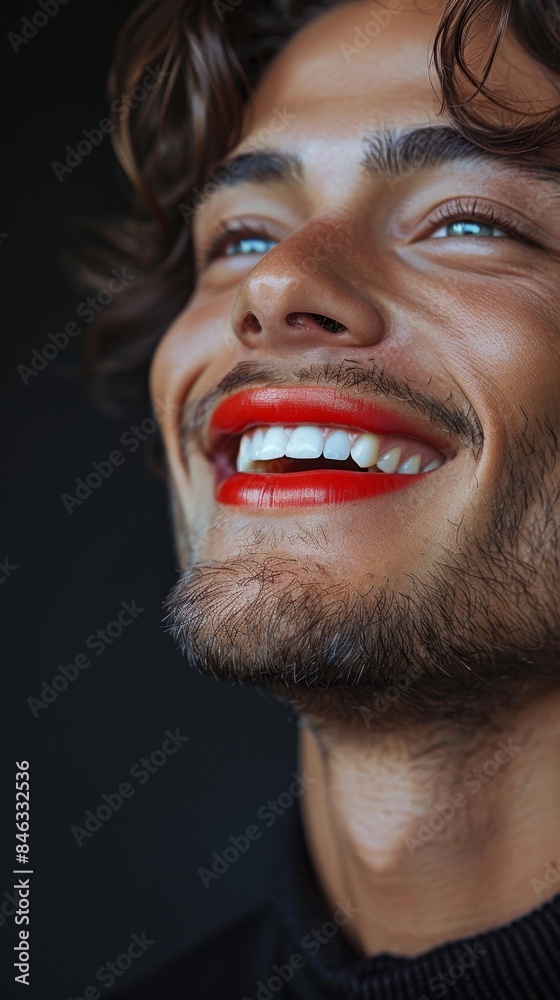 Fototapeta premium portrait of handsome caucasian man with red lips, transvestite, metrosexual