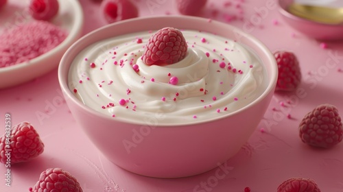  A pink table is adorned with a bowl of whipped cream topped with ripe raspberries, surrounded by scattered pink confetti