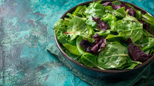  A bowl brimming with lettuce atop a blue tablecloth, adjacent to a knife and fork