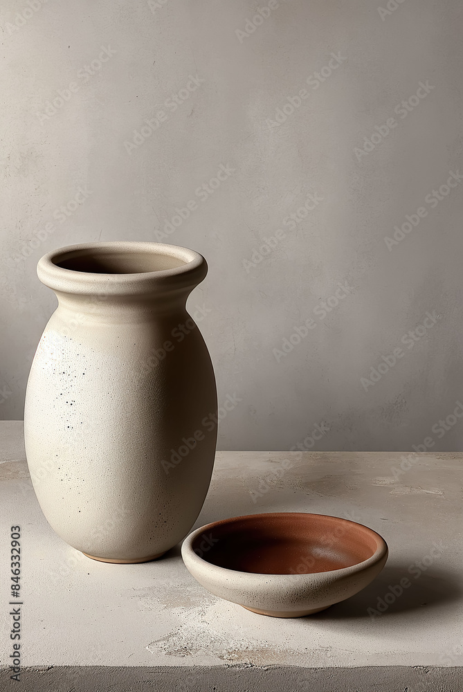 Clay pot jug on concrete surface, minimalism, Generative AI Clay pot jug on concrete surface, minimalism, Generative AI
