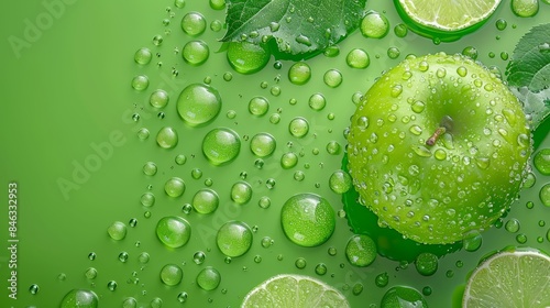  A green apple atop a wet, green surface, surrounded by limes and leafy vegetation, dripping with water