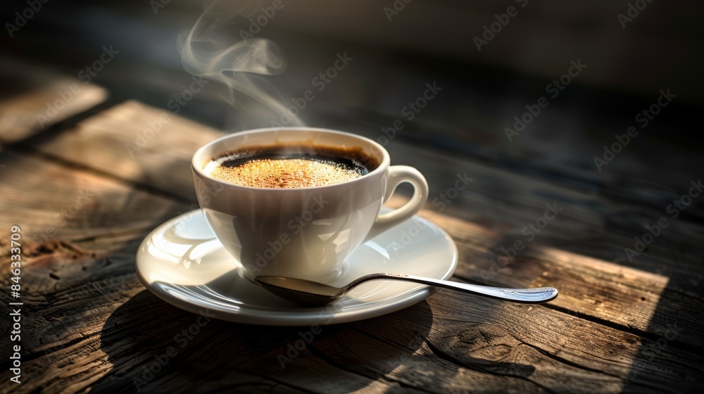 A steaming cup of black coffee with a spoon on a saucer. A steaming cup of black coffee with a spoon on a saucer.