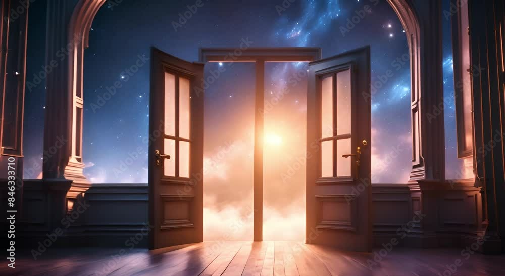 Dark room with light through a large door on a starry sky background