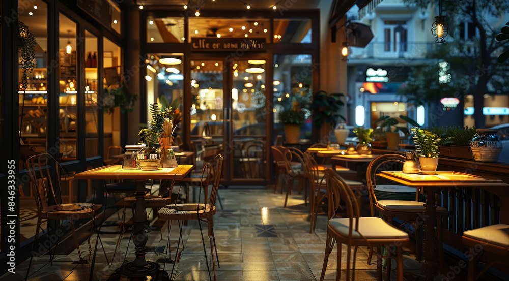 Night coffee shop from the inside, elite cafe, table for taking orders, tables and chairs. Generative AI. Night coffee shop from the inside, elite cafe, table for taking orders, tables and chairs. Generative AI.
