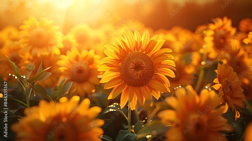 Fototapeta premium Vibrant Field of Blooming Sunflowers Basking in Warm Sunlight Exuding a Sense of Joyful Tranquility