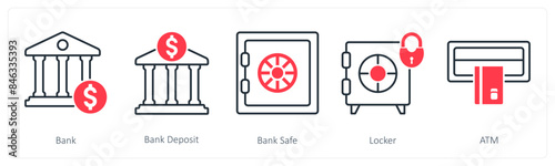 A set of 5 Mix icons as bank, bank deposit, bank safe