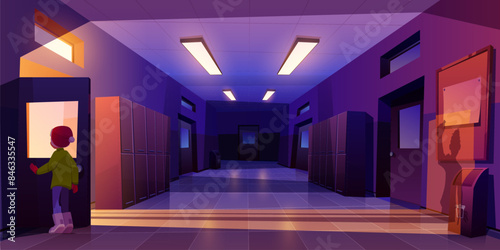 Lonely child in Santa hat standing alone in school hall. Vector cartoon illustration of scared boy or girl character hiding behind door in dark corridor with lockers, dangerous man shadow on wall