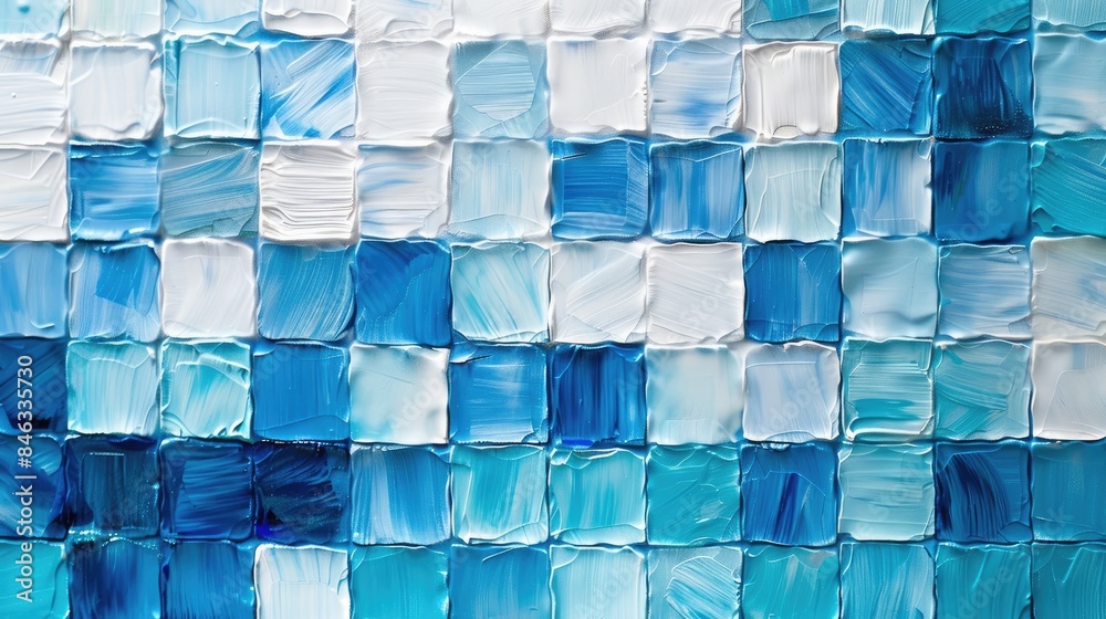 Mosaic of occasional square tiles in deep and light blue shades on a white surface Mosaic of occasional square tiles in deep and light blue shades on a white surface
