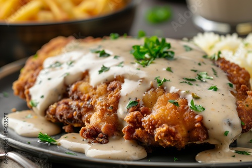 Fried chicken steak with creamy gravy, served with rice, french fries, and green beans
