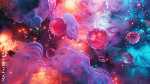 Compose a surreal photo with neon light orbs floating amidst an otherworldly abstract background. 