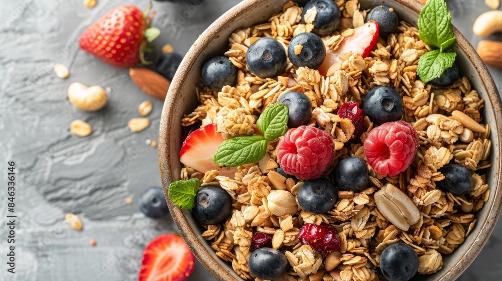 Fototapeta premium A bowl of granola topped with raspberries, blueberries, sliced almonds, and fresh mint leaves