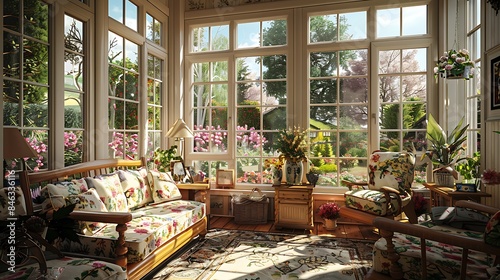 A sunroom with a charming country cottage feel, featuring wooden furniture, floral patterns, and large windows overlooking a blooming garden
