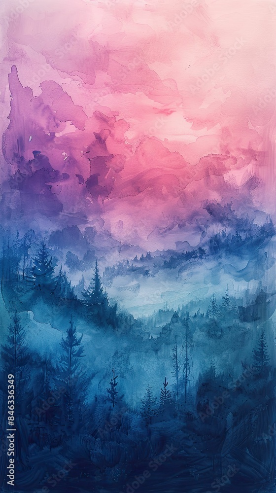 Fototapeta premium Digital painting of a mountain landscape with coniferous forest in pink and blue