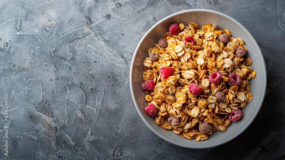 A bowl of granola topped with raspberries and nuts against a gray backdrop, accompanied by a spoons A bowl of granola topped with raspberries and nuts against a gray backdrop, accompanied by a spoons