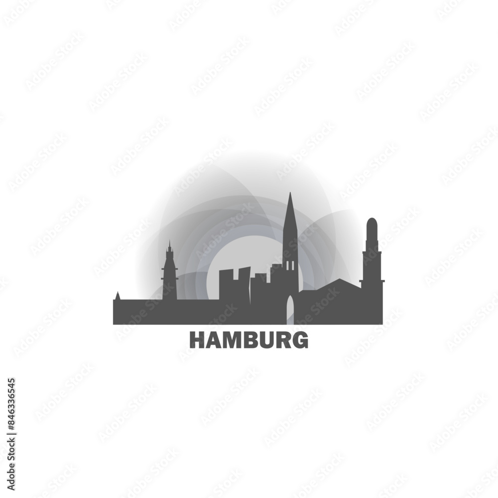 Hamburg skyline, downtown panorama logo, logotype. Germany city badge contour, isolated vector pictogram with cathedral, monuments, landmarks, skyscrapers at sunrise, sunset