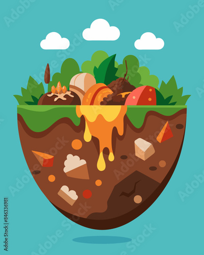 The crosssection of a landfill revealing a dense layer of rotting food scraps a stark reminder of the underutilization of food and the issue of food waste.. Vector illustration