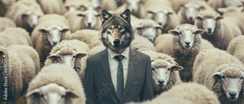 Wolf in a business suit among a flock of sheep, representing corporate betrayal and concealed motives in the business realm photo