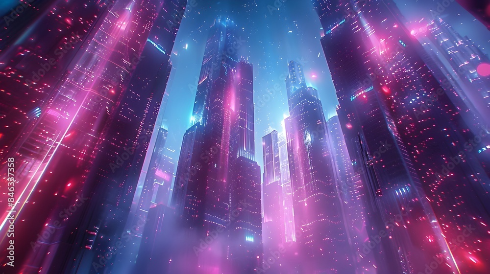 Obraz premium Mesmerizing Futuristic Cityscape Radiating Vibrant Neon Lights Against Cosmic Backdrop