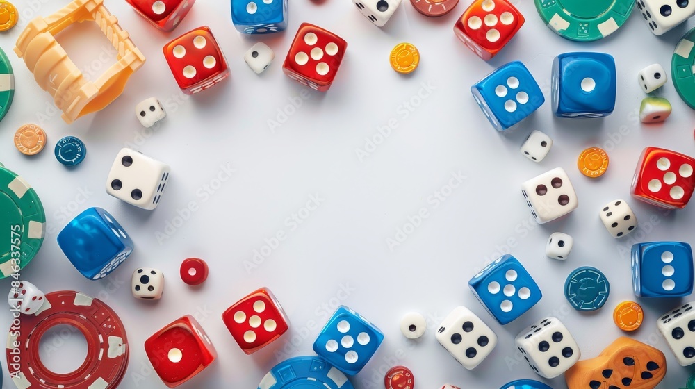 A clean white background with a decorative frame containing dice and board game elements. The colorful symbols contrast sharply with the white background. Leave blank in the center of the frame. A clean white background with a decorative frame containing dice and board game elements. The colorful symbols contrast sharply with the white background. Leave blank in the center of the frame.