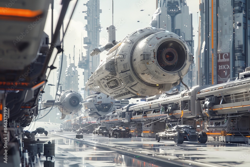 Naklejka premium Futuristic cityscape featuring advanced flying spacecraft and towering buildings, showcasing a highly developed technological future.