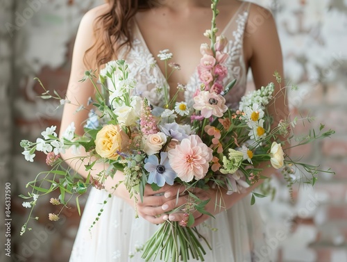 Spring wedding bouquet with pastel flowers and greenery